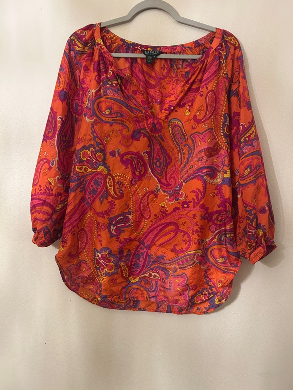 Lauren Ralph Lauren Orange and Pink Paisley V-Neck Blouse 100% silk
